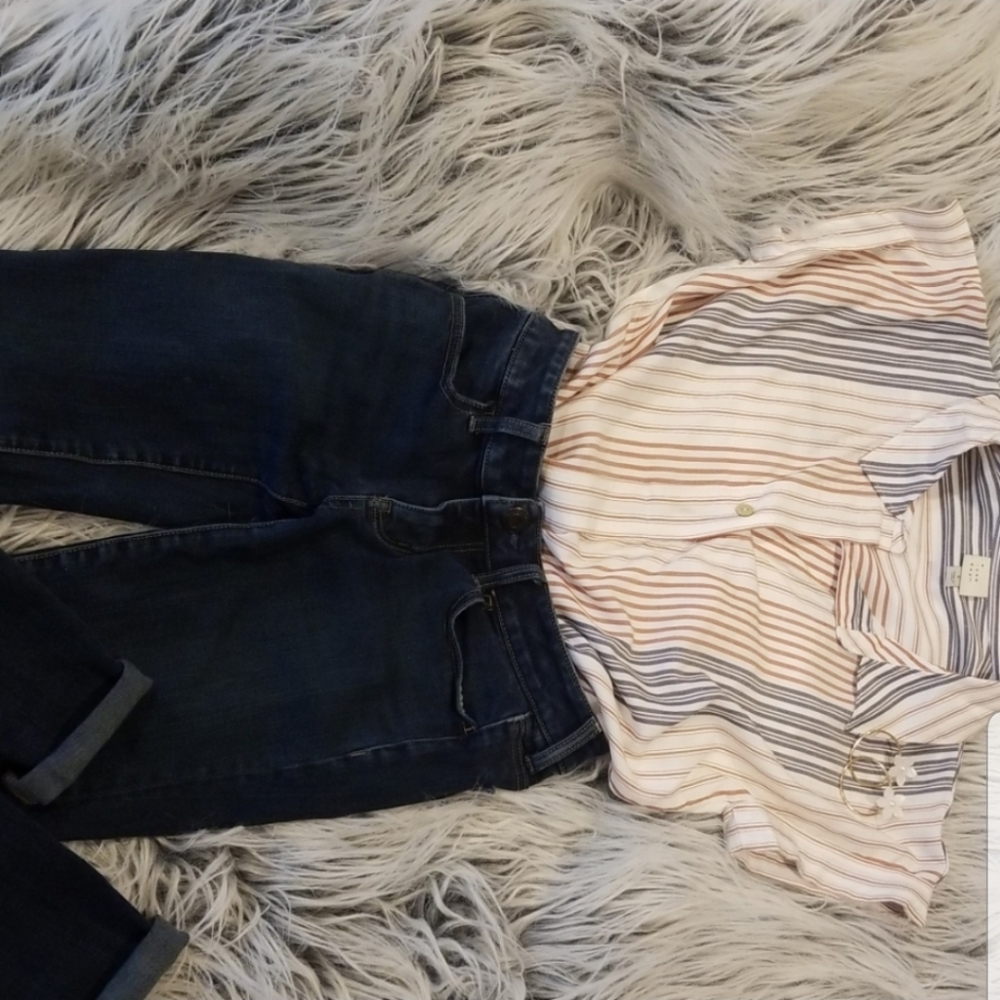 Burnt Orange & Gray Striped Collared Button Top